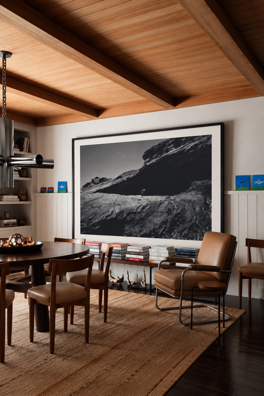 a black and white photography of mountains in big print in a living room setting. Fine art photography by Terron Studio.