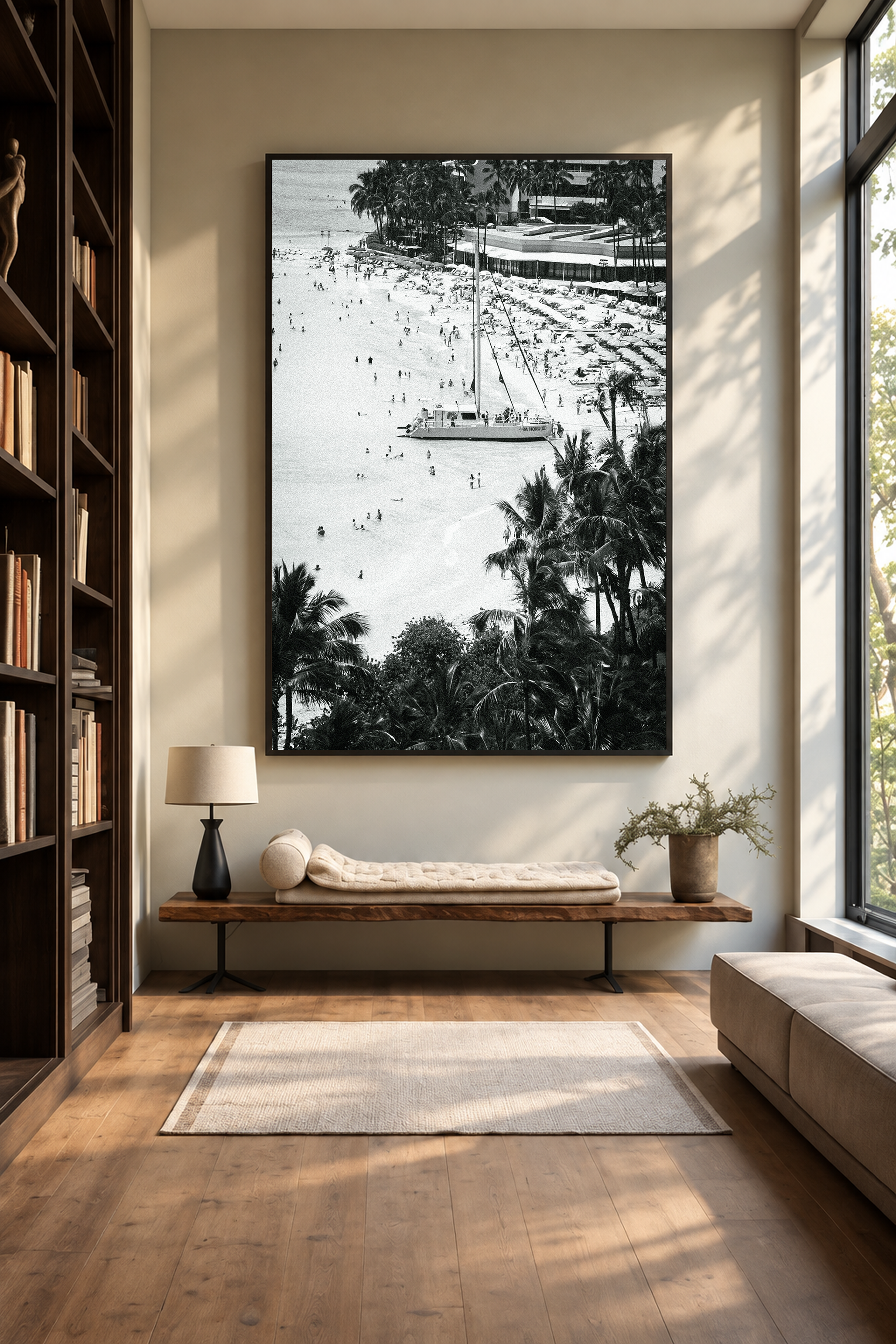 White-framed black and white photograph of a boat by the shore of Waikiki beach, surrounded by palm trees and tourists enjoying hawaii. Fine art photography prints by Terron Studio.