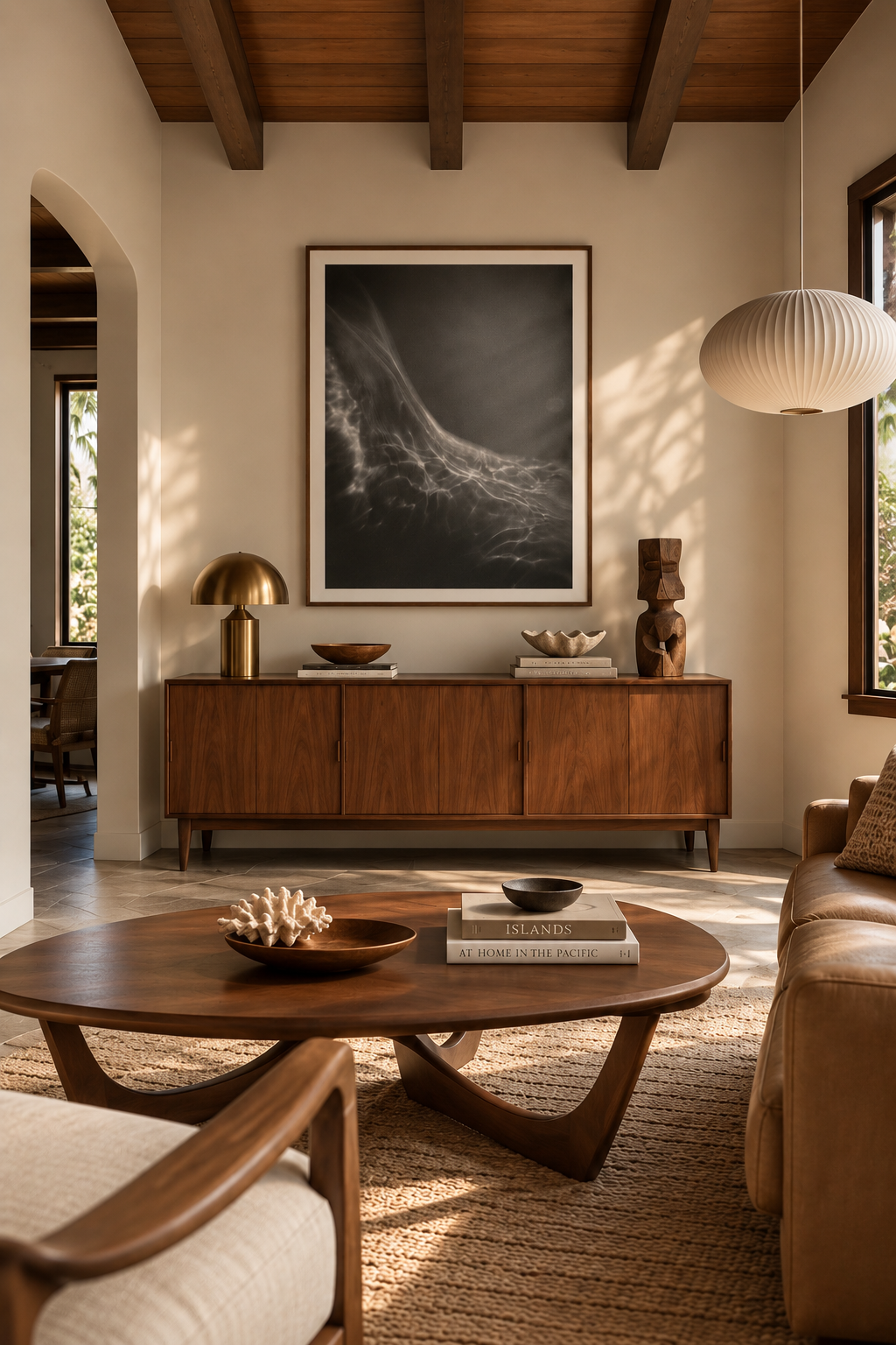 - [ ] Shape of the Water, an abstract black and white photograph of illuminated water, framed above a wooden sideboard. Fine art photography prints by Terron Studio.