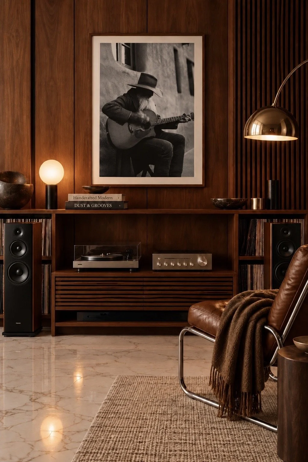 Framed black and white portrait of a bearded man in a wide-brimmed hat playing acoustic guitar in a wood-paneled listening room.