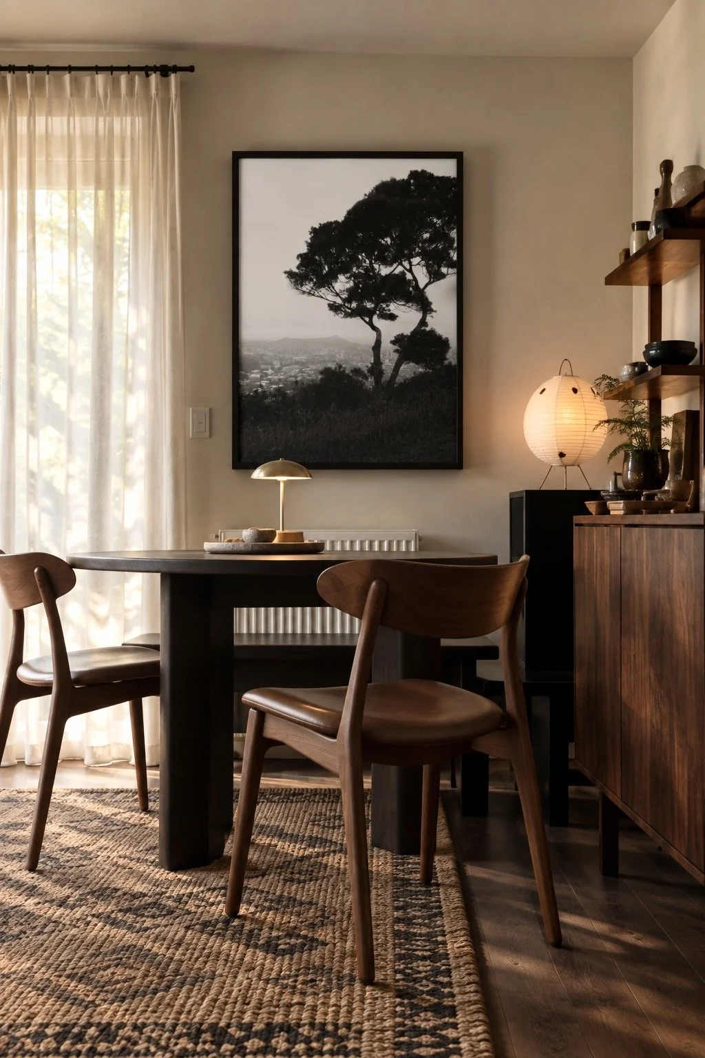 A black and white photograph of a tree on the top of the hill over looking the houses, framed over a dining room table. Fine art photography by Terron Studio.