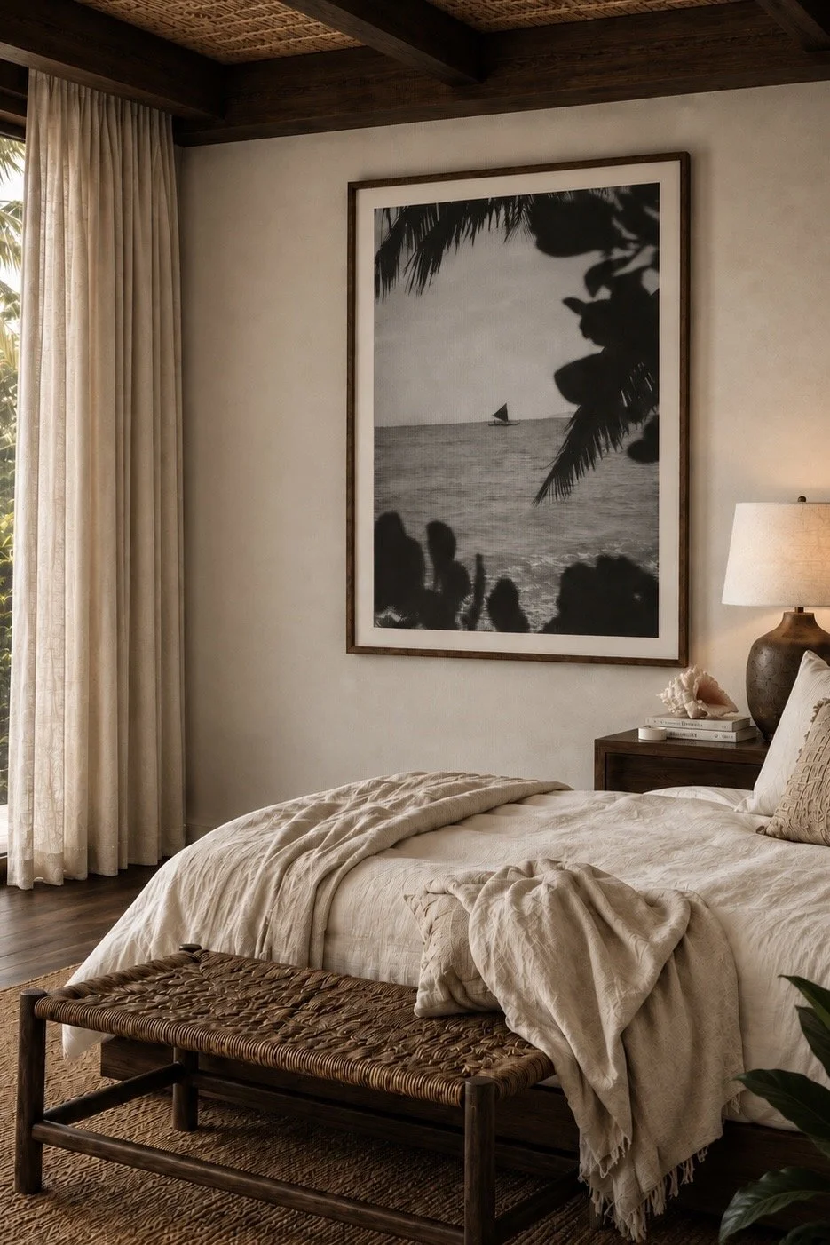Come Home to Me, a black and white photograph of a distant sailboat framed by tropical leaves, displayed above a bed. Fine art photography prints by Terron Studio.