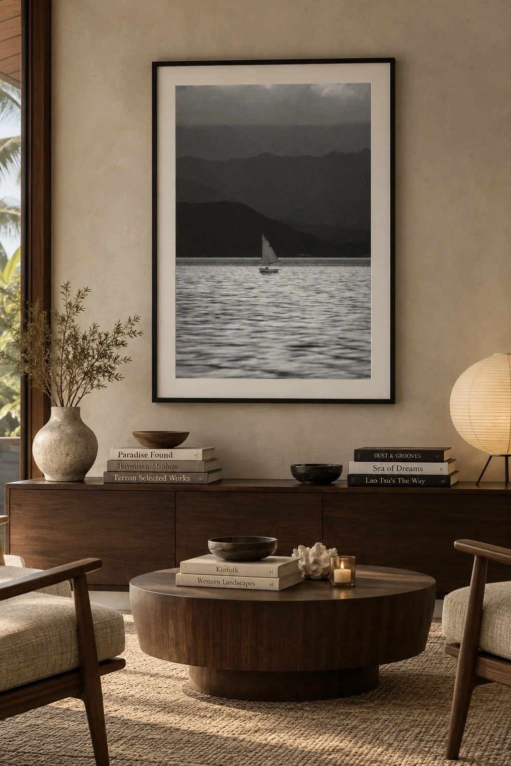 A black and white image of a small boat floating in the middle of the ocean against the backdrop of layers of mountains. Fine art photography by Terron Studio.