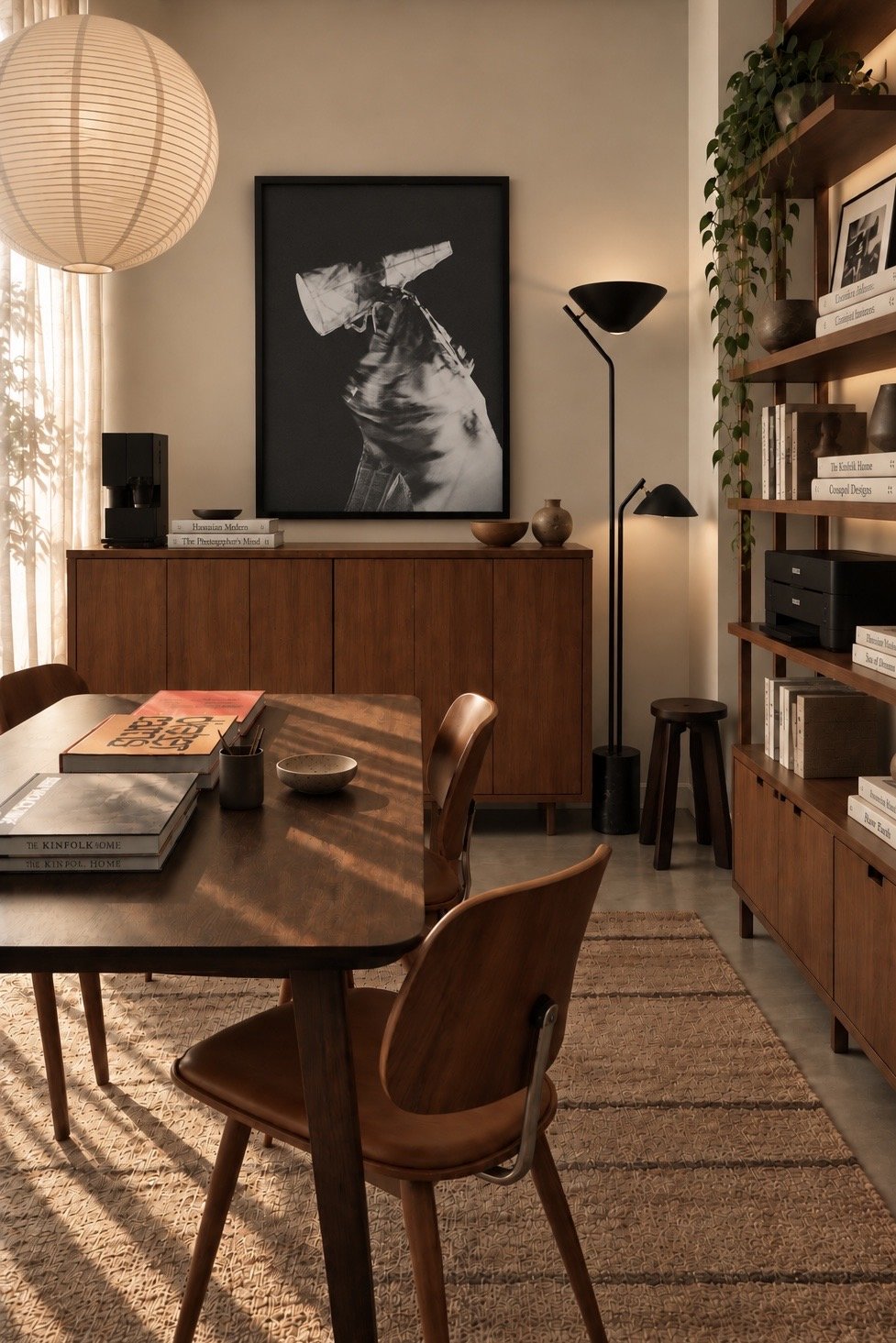 a black and white photography of a performer framed over a cabinet over dining room table. Fine art photography by Terron Studio.
