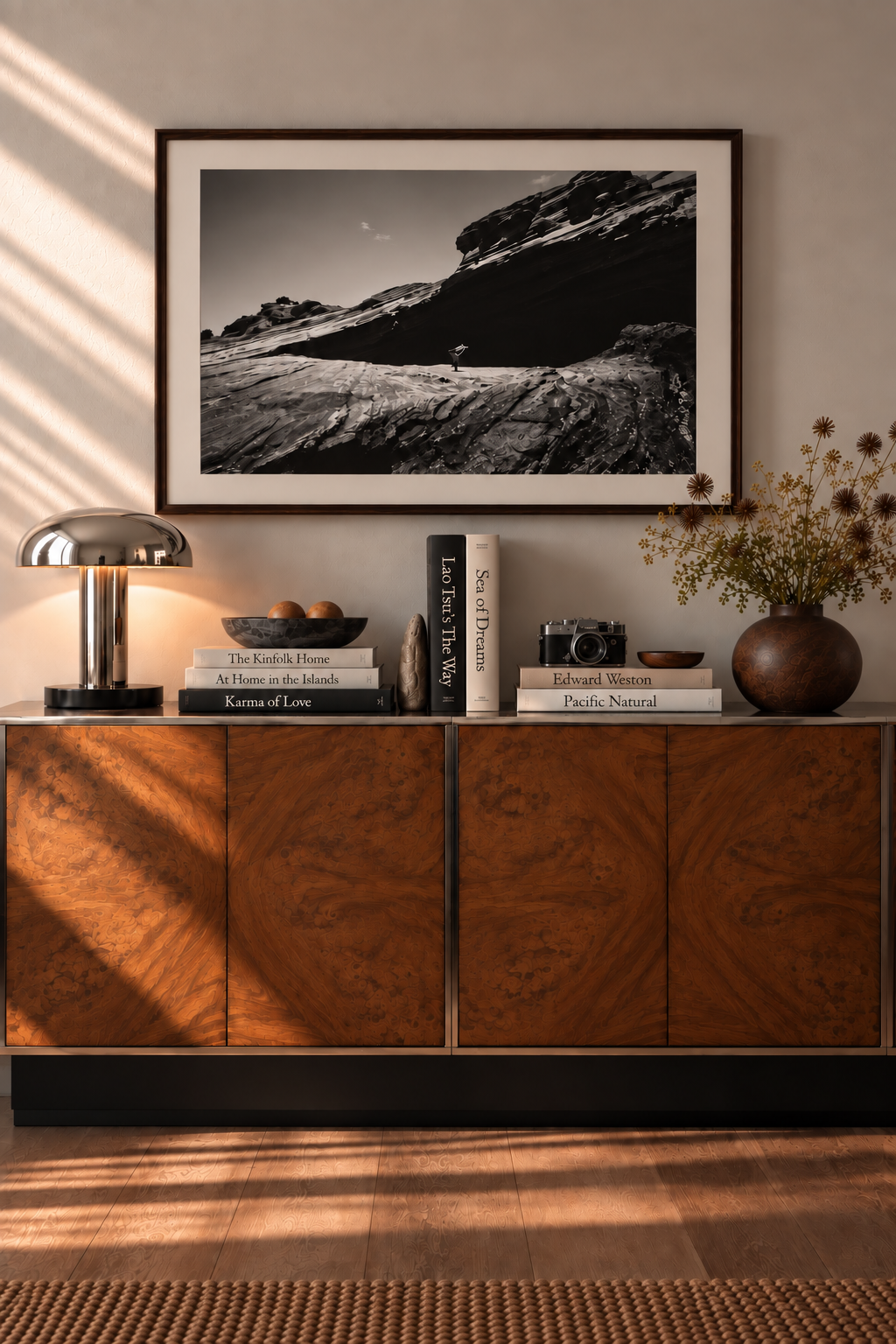 a black and white photography of layers of mountain framed over a cabinet. Fine art photography by Terron Studio.