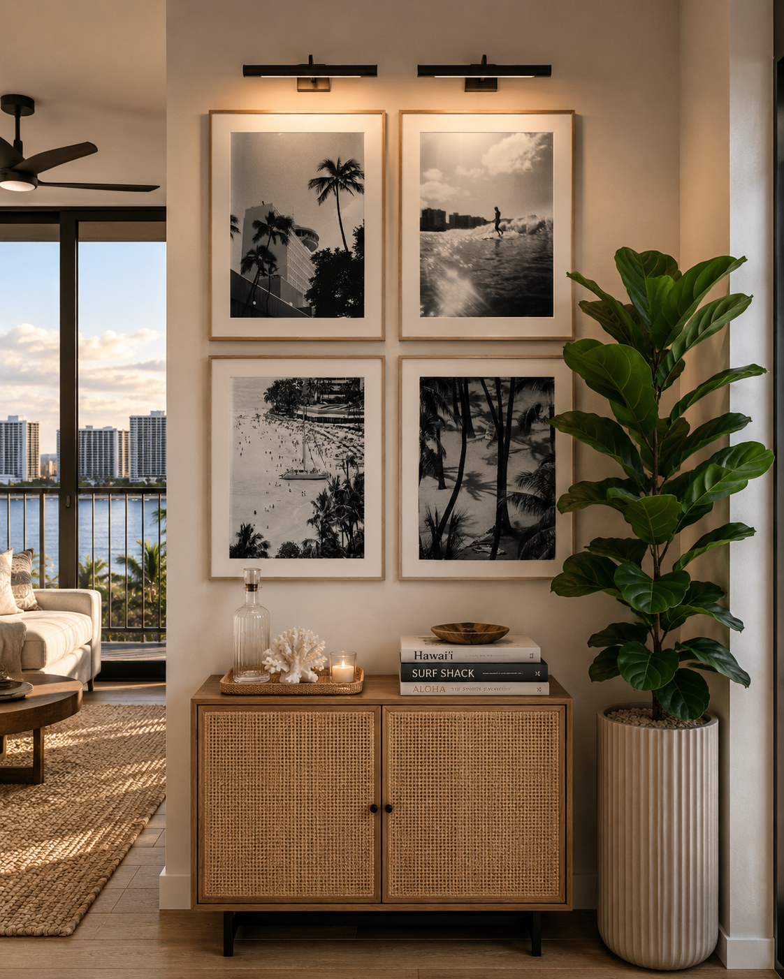Four framed black and white Waikiki photographs of palms, architecture, surfing, and beach scenes above a cabinet. Fine art photography prints by Terron Studio.