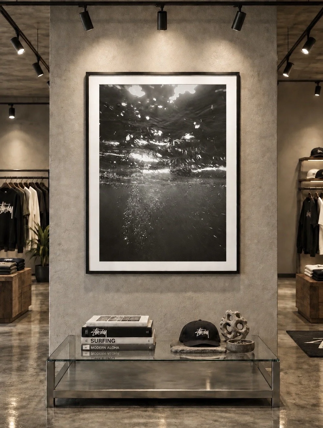 a black and white image of the ocean shot from below the surface, displayed in a clothing store. Fine art photography by Terron Studio.