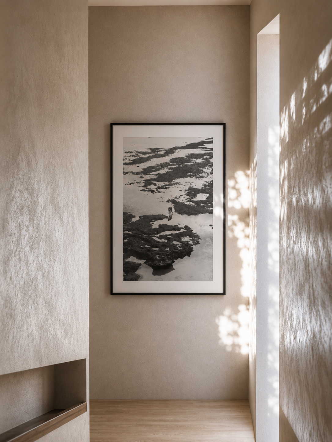 - [ ] Search for the Unfound, a black and white photograph of a figure among shoreline rocks, framed in a sunlit hallway. Fine art photography prints by Terron Studio.