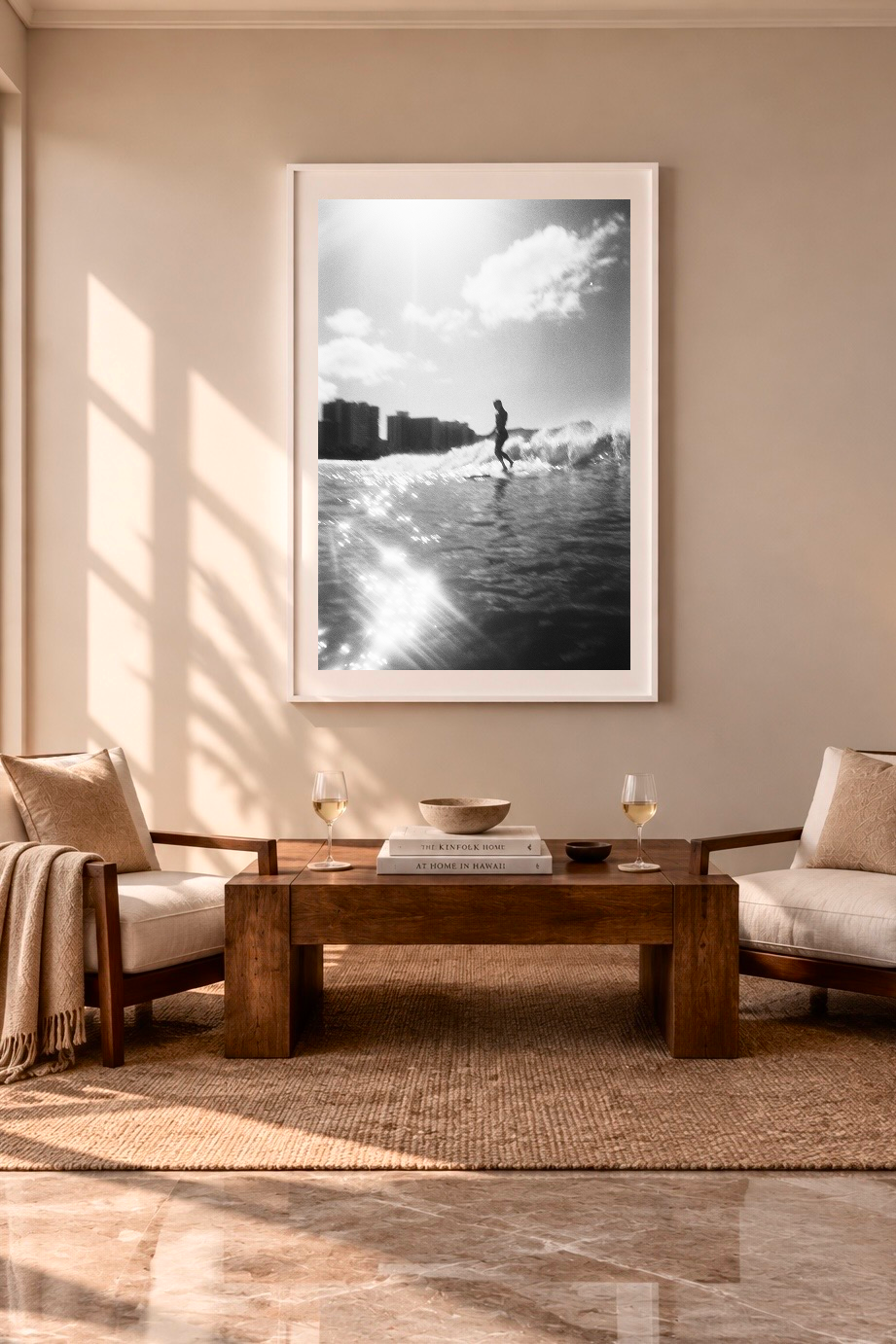 Black and white photography of a surfer girl riding the baby waves of waikiki on a longboard. Fine art photography prints by Terron Studio.