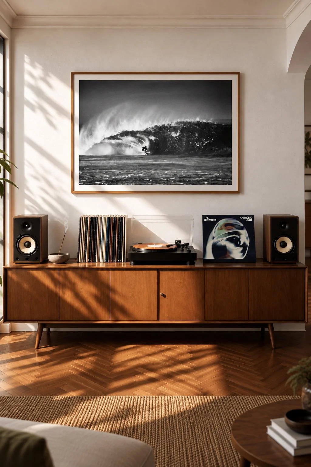Framed black and white photograph of a surfer riding a barreling wave above a wooden cabinet with a turntable and speakers.
