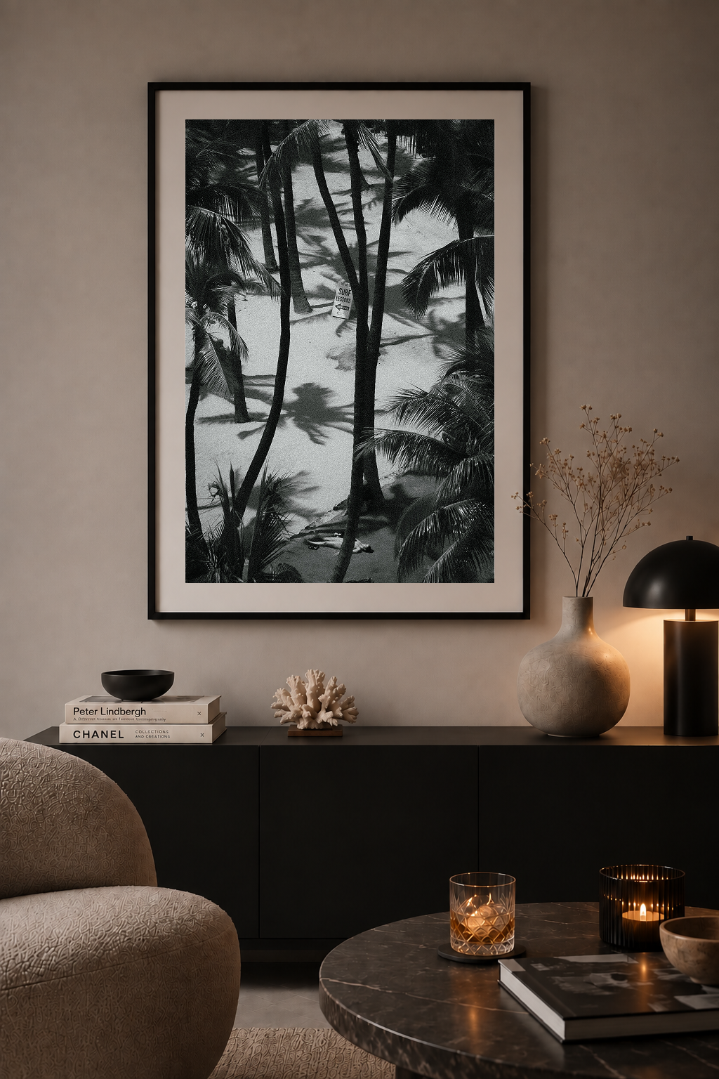 White-framed black and white Waikiki photograph of tall palms with the sign of surf lesson. Fine art photography prints by Terron Studio.