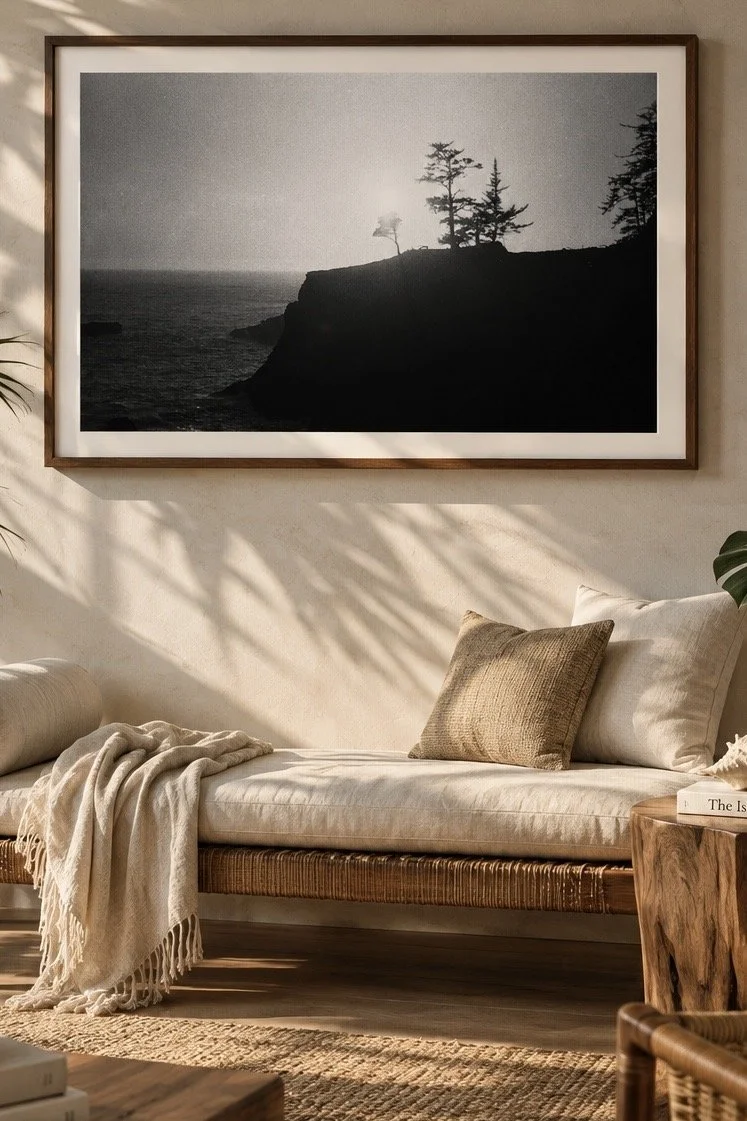Framed black and white photograph of trees silhouetted on a coastal cliff above a cream-cushioned woven daybed in a sunlit room. Fine art photography prints by Terron Studio.