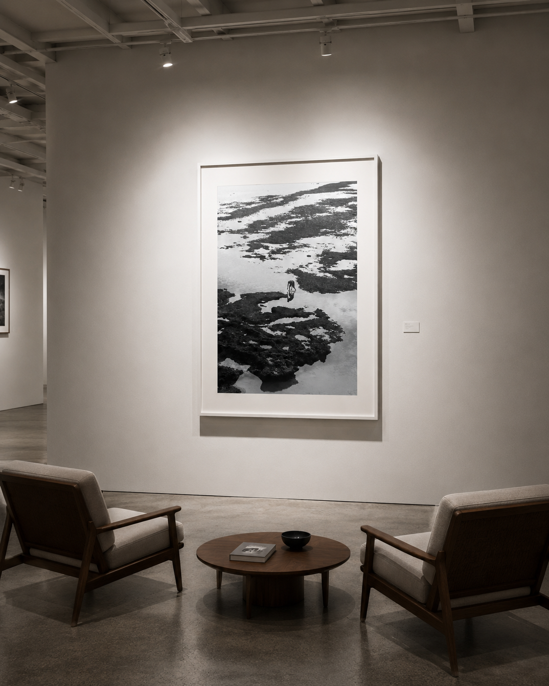 - [ ] Search for the Unfound, a white-framed black and white coastal photograph displayed above gallery seating. Fine art photography prints by Terron Studio.