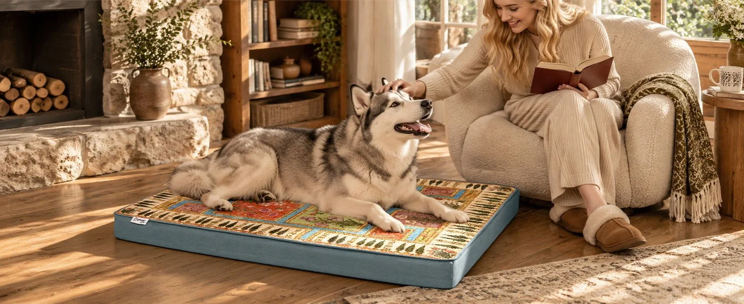A woman sitting on a cozy armchair with a book in hand, petting a Siberian Husky dog lying on a cushioned orthopedic pet bed in a warmly lit living room with wooden floors, a stone fireplace, and a bookshelf.