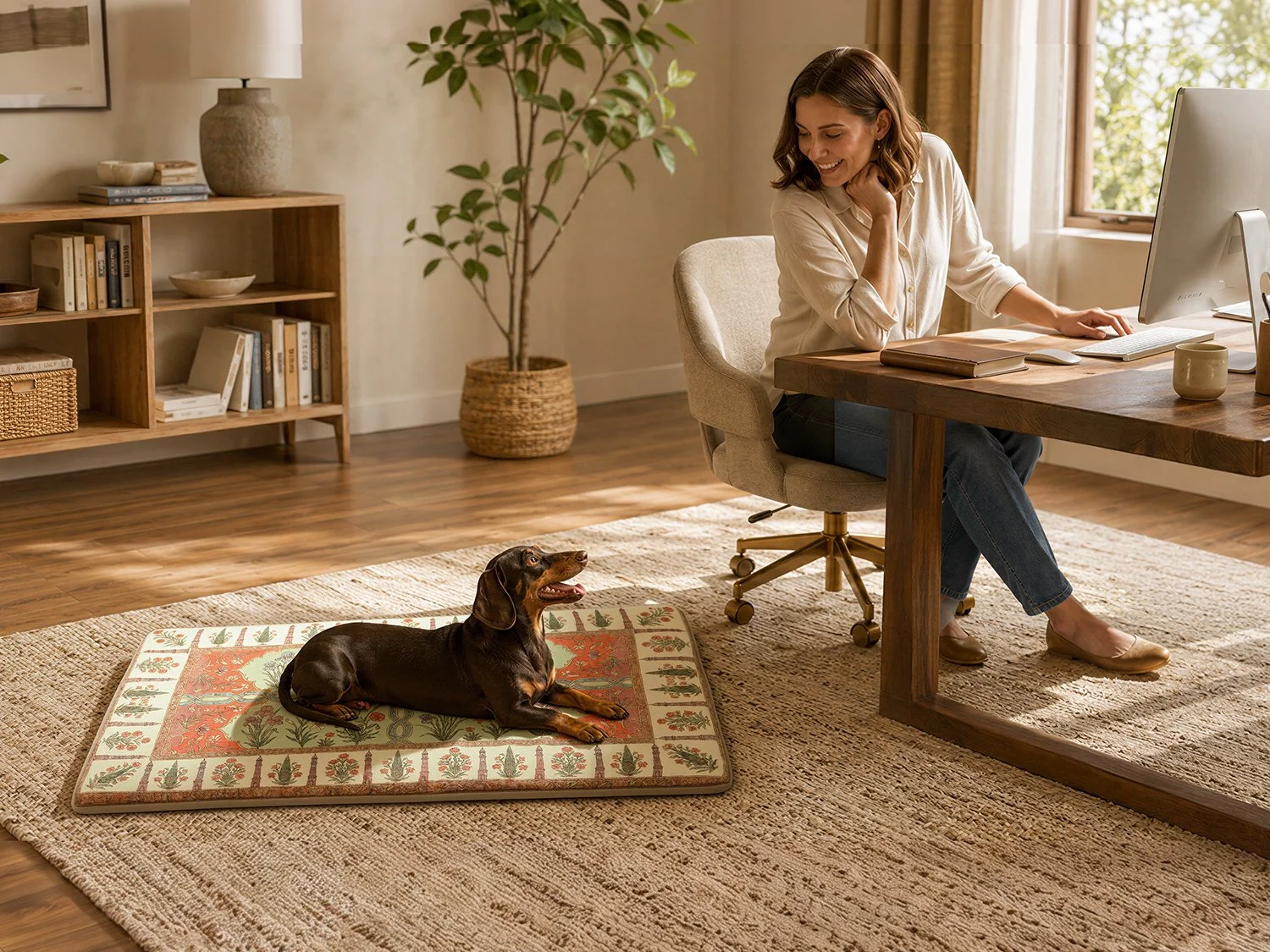 A woman sitting at a wooden desk in a cozy home office with a dog resting on a decorative dog bed nearby. She is smiling and working on a computer, with sunlight coming through a window.