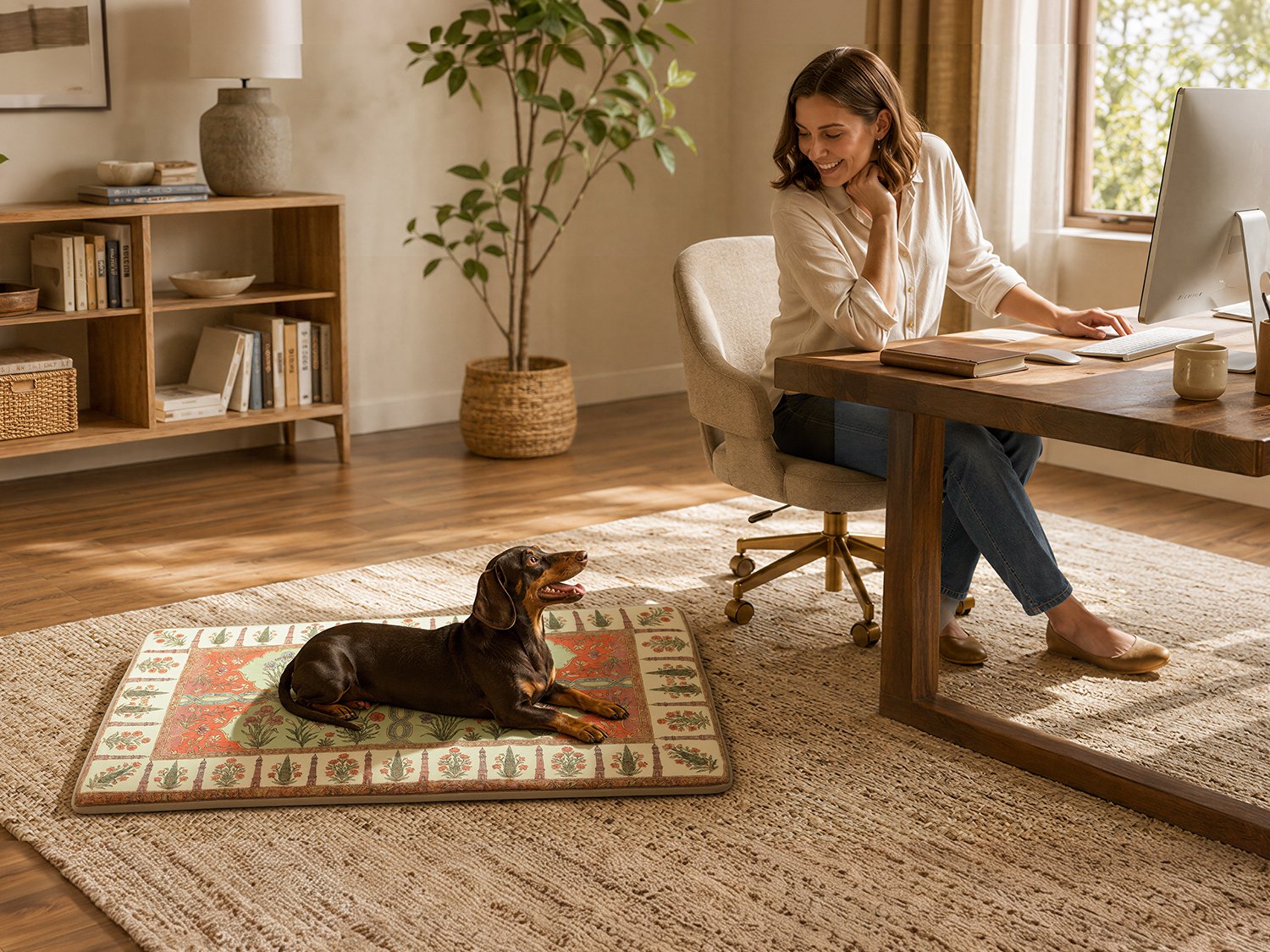 A woman sitting at a wooden desk in a well-lit room with a dog lying on a decorative dog bed nearby, and a bookshelf and potted plant in the background.