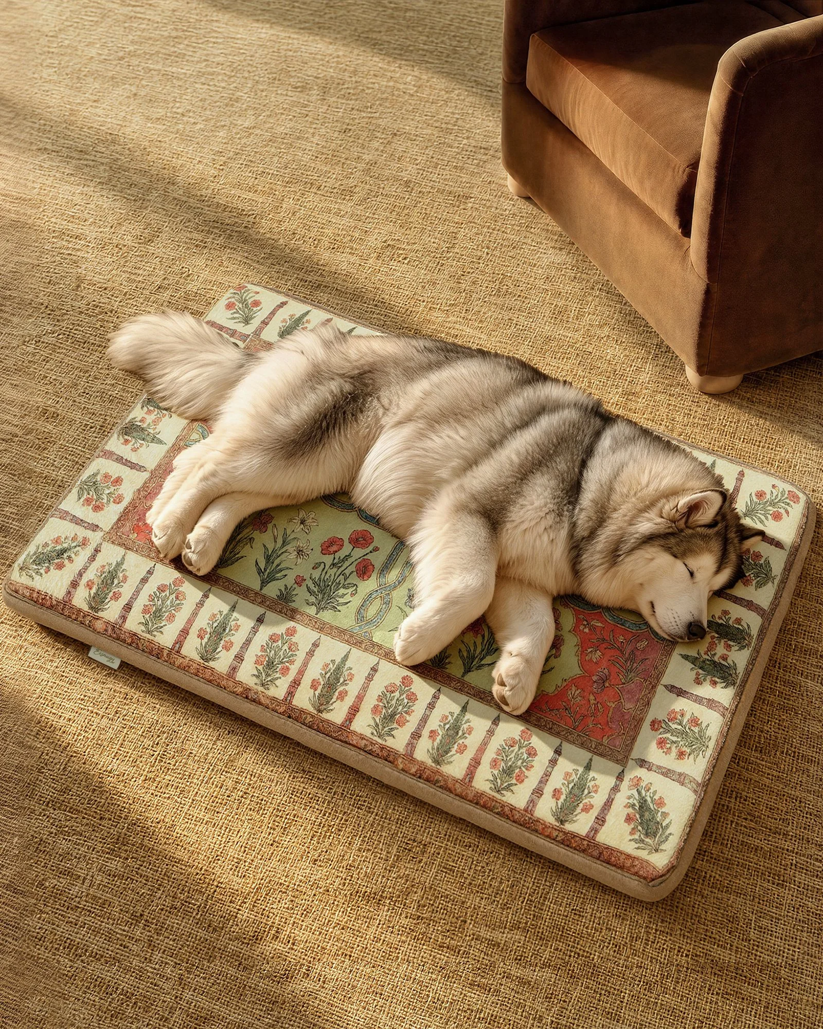 A Siberian Husky dog lying on its side on a cushioned mat with a floral and botanical pattern, resting on a woven beige carpet near a brown upholstered armchair.