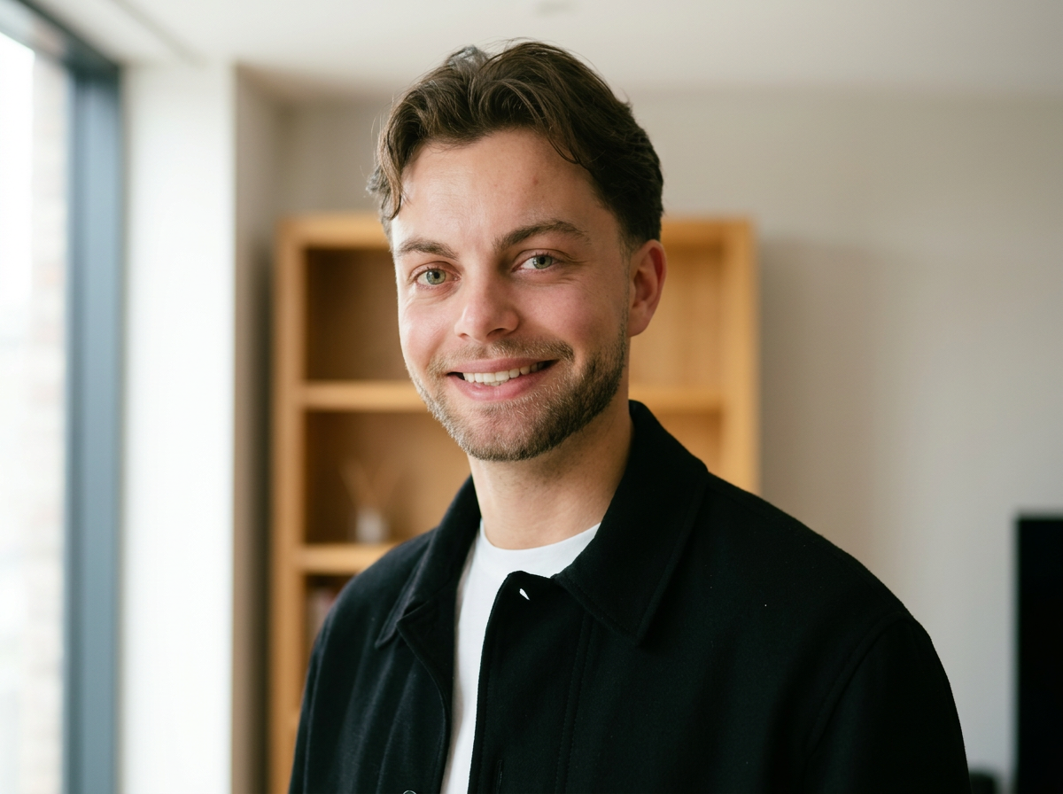 een lachende man met donker haar en een lichte baard, gekleed in een zwarte jas, binnen in een huis of kantoor, met een boekenplank en een tv op de achtergrond