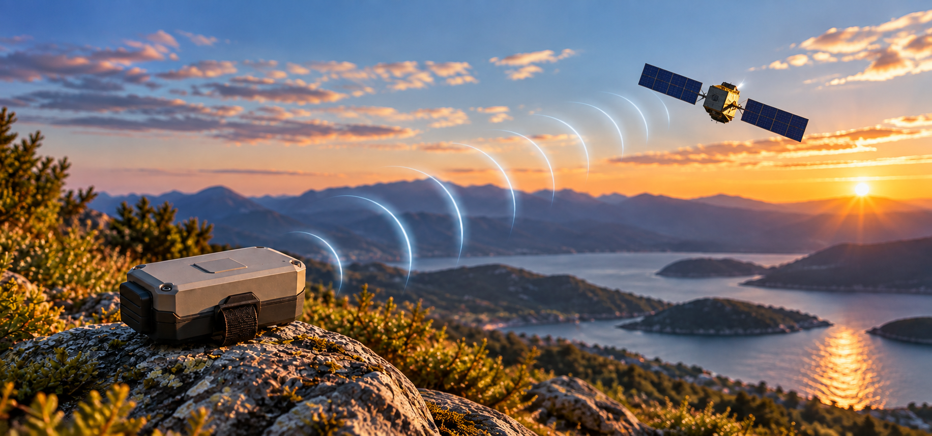 Balise IoT compacte communiquant avec un satellite, illustrant l’intégration d’une antenne miniaturisée pour les communications satellitaires.