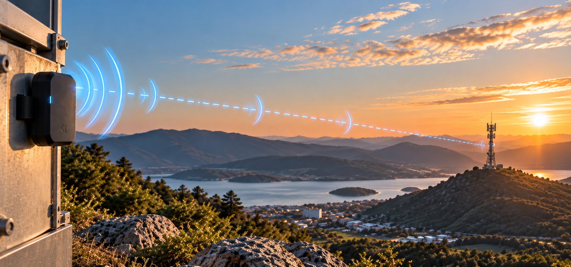 Balise IoT compacte communiquant avec un satellite, illustrant l’intégration d’une antenne miniaturisée pour les communications satellitaires.