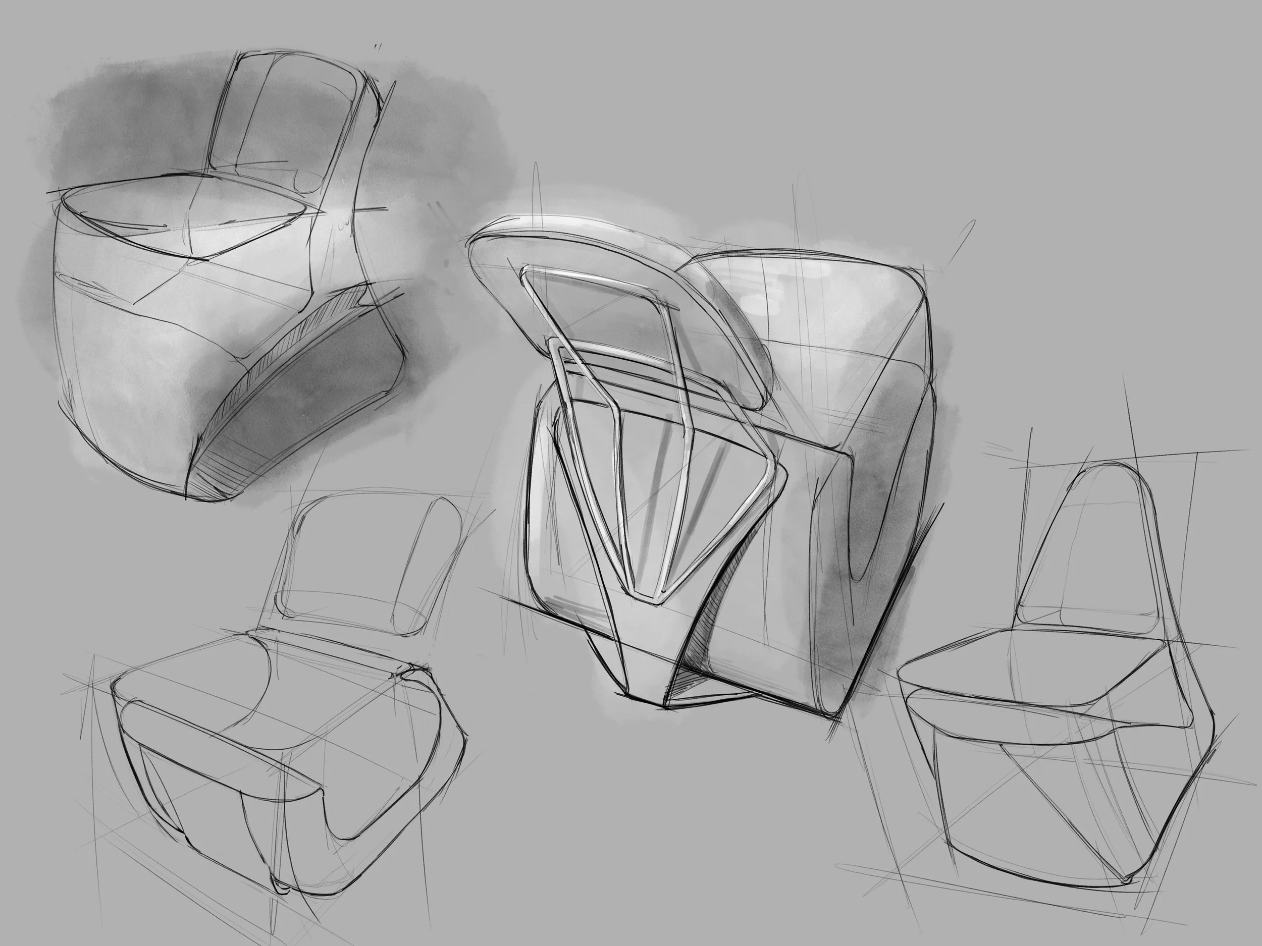 A digital sketch of a group of chairs, some with metal frames and others with cushioned seats, arranged in a free sketch layout