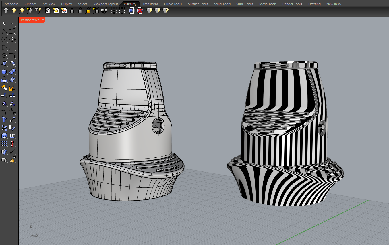 Digital 3D models of a medical design shown in Rhinoceros 3D modeling software. One of them with zebra, the other showing wireframe.