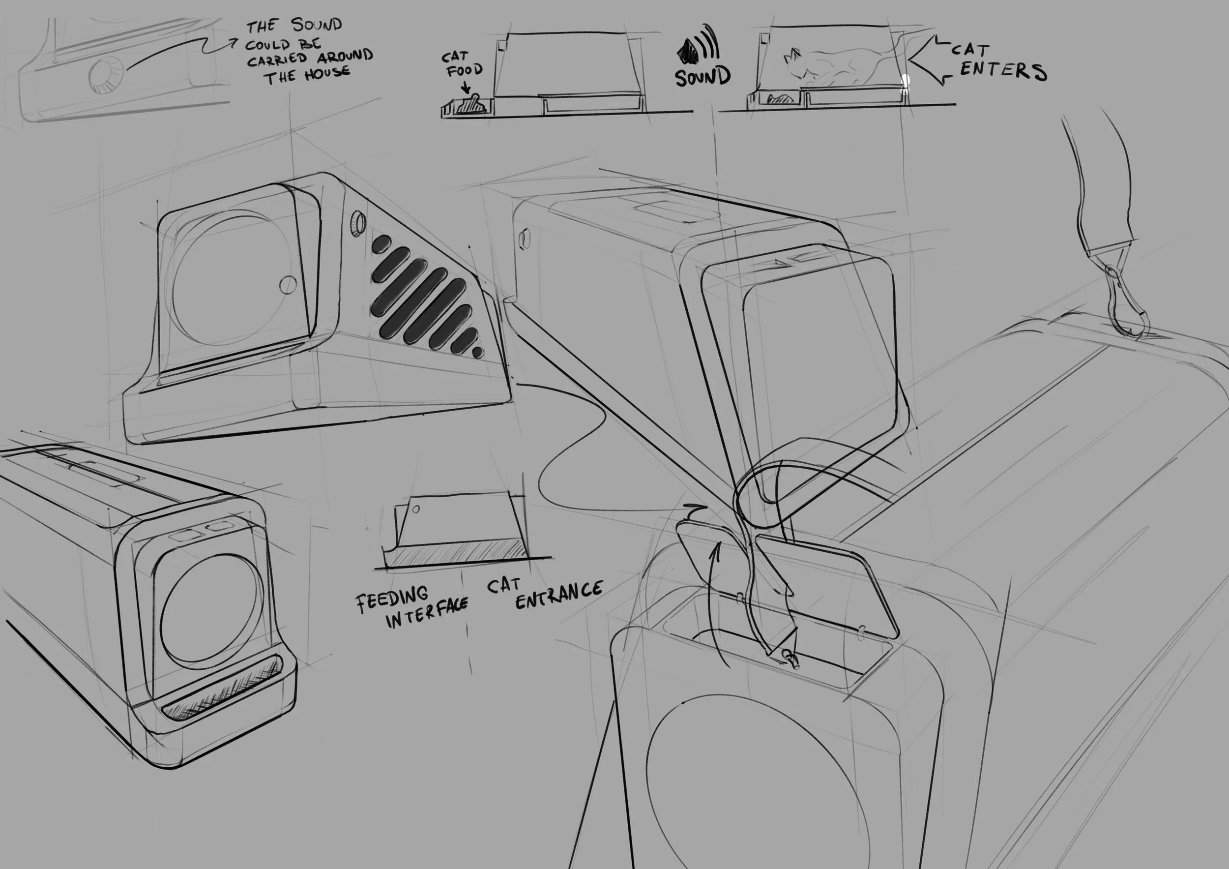 Industrial design Sketch of a pet feeding station and cat entry area with annotations indicating features like a speaker for sound, a food tray, and a feeding interface.