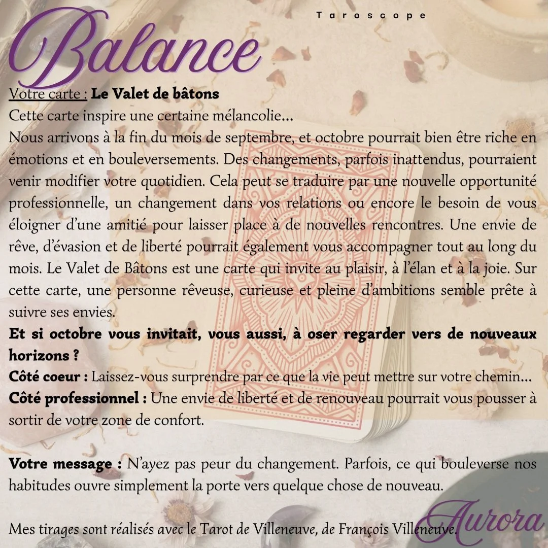 Balance, votre mois d&rsquo;octobre vous r&eacute;serve-t-il quelques surprises ?

Le Valet de B&acirc;tons vous accompagne pour ce nouveau taroscope&hellip; Une carte pleine d&rsquo;&eacute;motions, de changements et d&rsquo;envies de renouveau. 

C