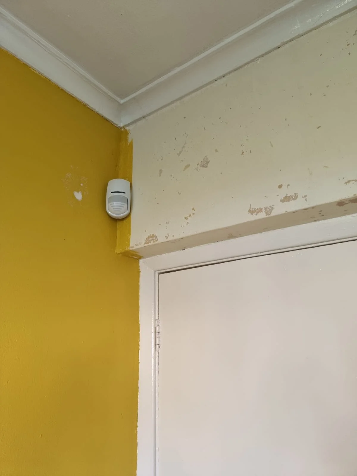 A corner of a room with a yellow wall and white ceiling, showing a white wall-mounted smoke detector near the ceiling, and part of a white door frame and door.