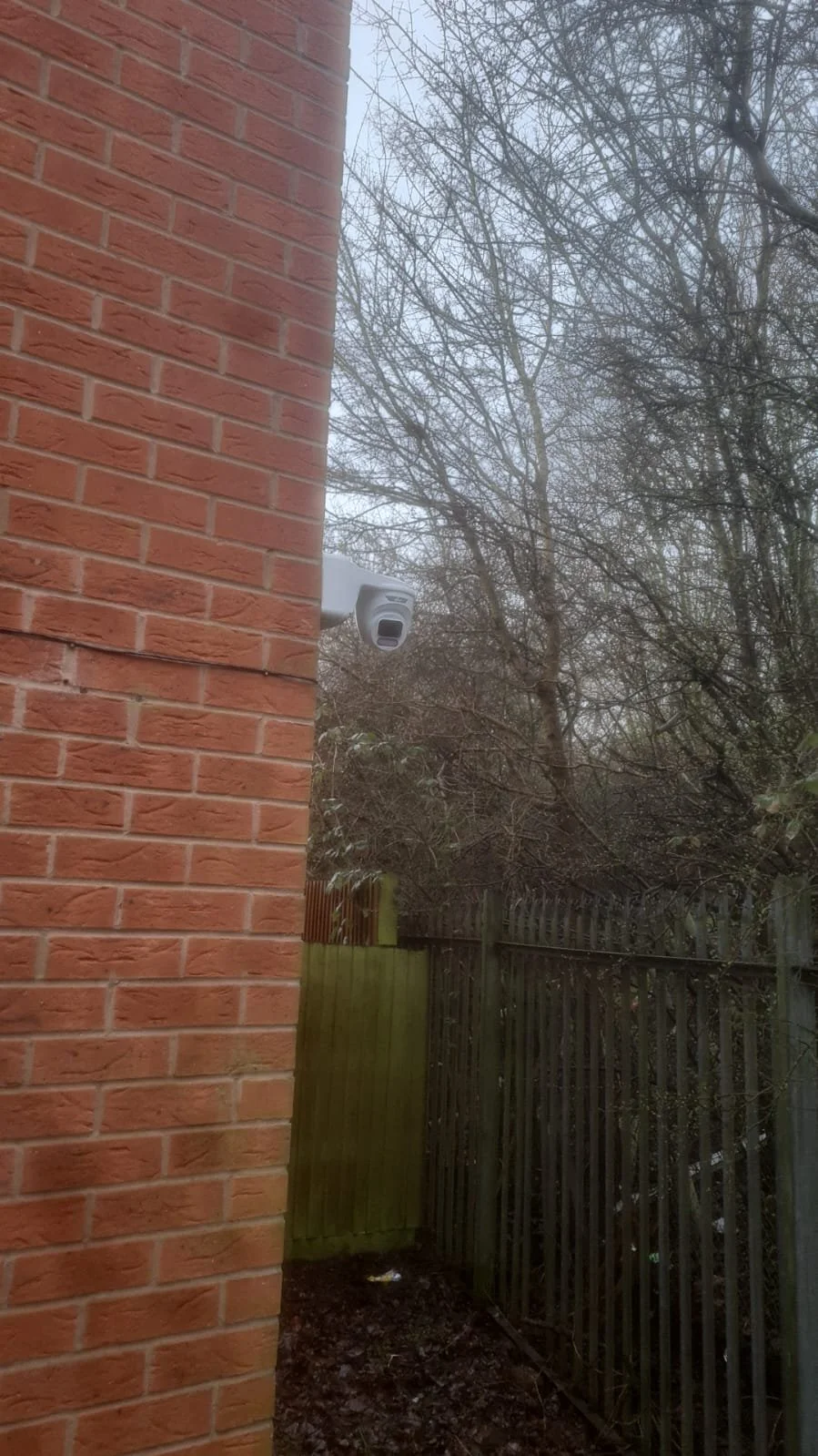 Security camera mounted on the corner of a brick building, overlooking a fenced backyard with trees and shrubs.