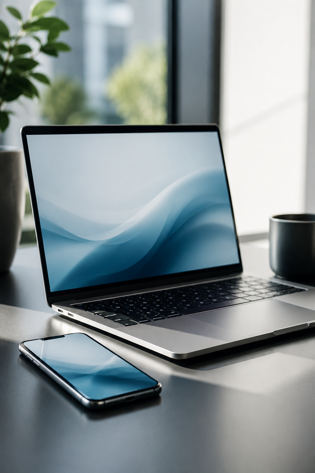 A silver laptop with a blue abstract background on its screen, placed on a gray desk. Next to the laptop is a smartphone, also with a blue background, and a black mug is in the background near a window with blurred greenery outside.