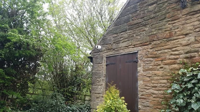 A stone building with a closed dark door, surrounded by green bushes and trees, with a small cartoonish face with googly eyes peeking from the top of the building.