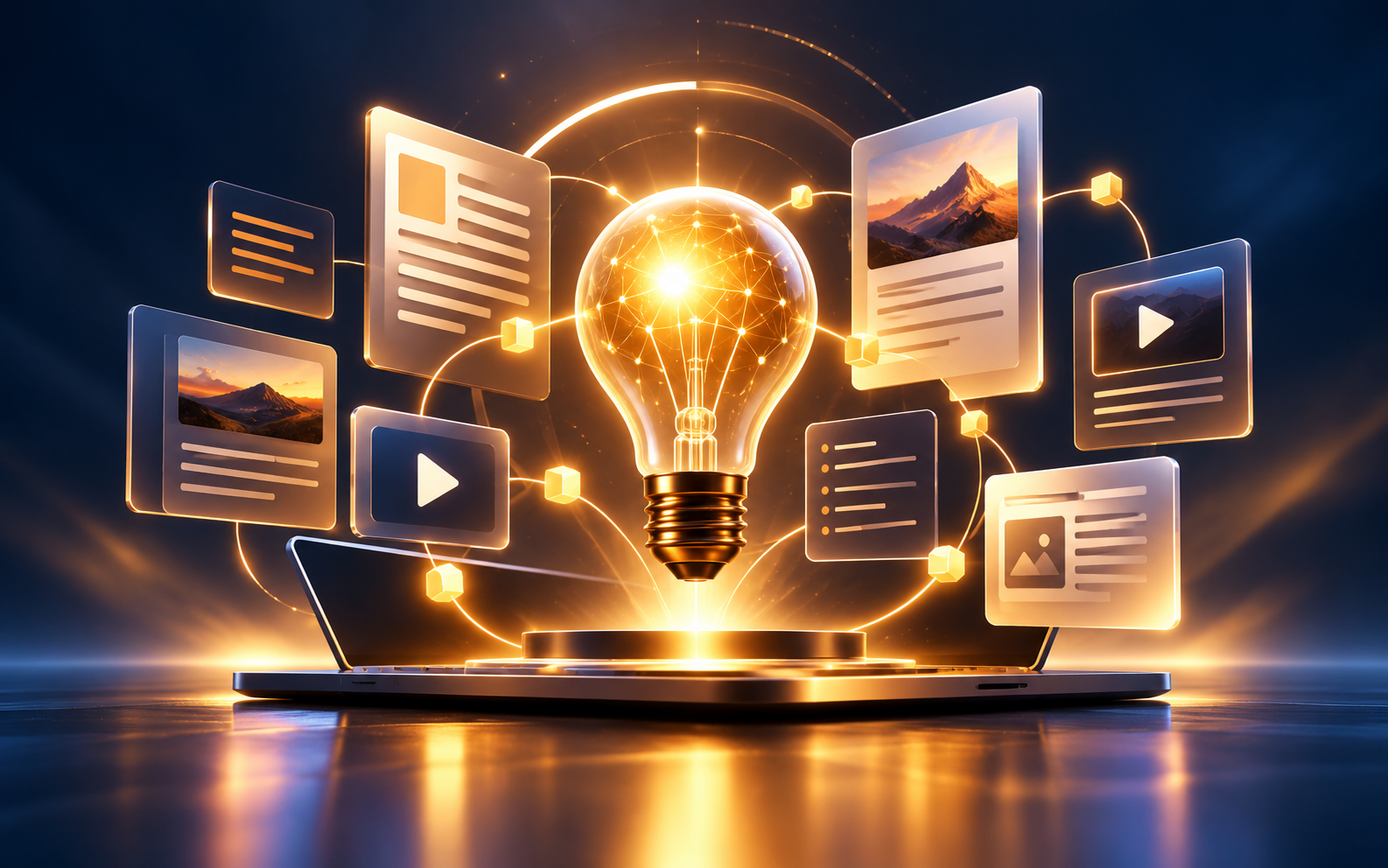 Digital illustration of a glowing light bulb surrounded by floating digital content icons such as images, videos, and texts emerging from a laptop, symbolizing ideas, innovation, or creativity.
