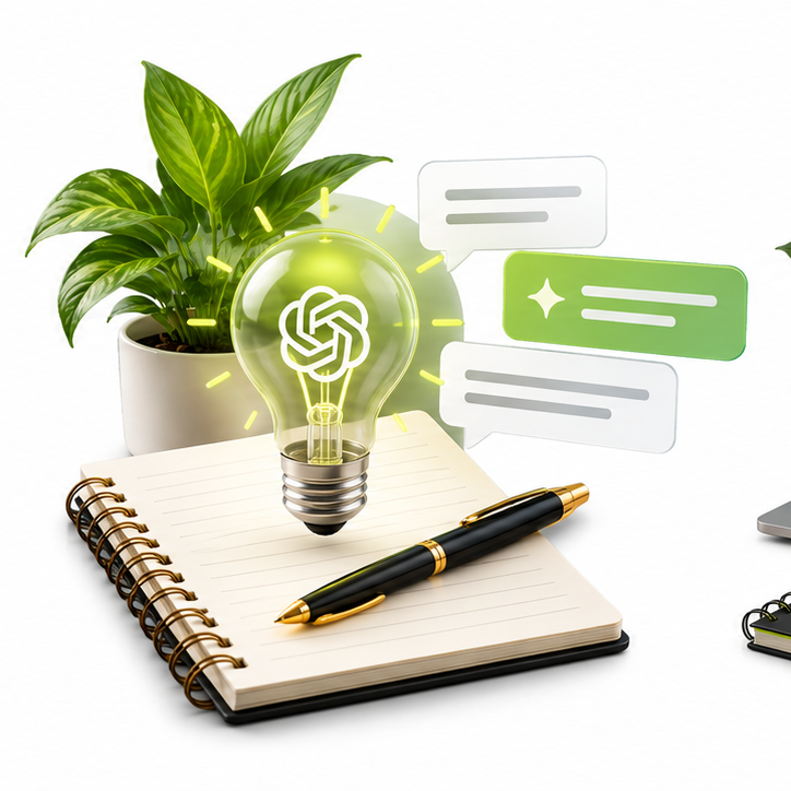 A notebook with a pen, a potted plant, and a glowing lightbulb with a brain inside. Speech bubbles appear near the lightbulb.