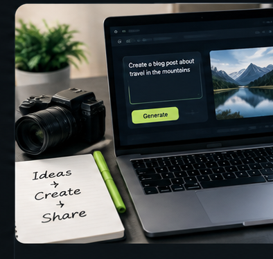 Laptop displaying a blog post creation page about traveling in the mountains, alongside a camera, a potted plant, and a notepad with the words 'Ideas Create Share' written on it, and a green pen.