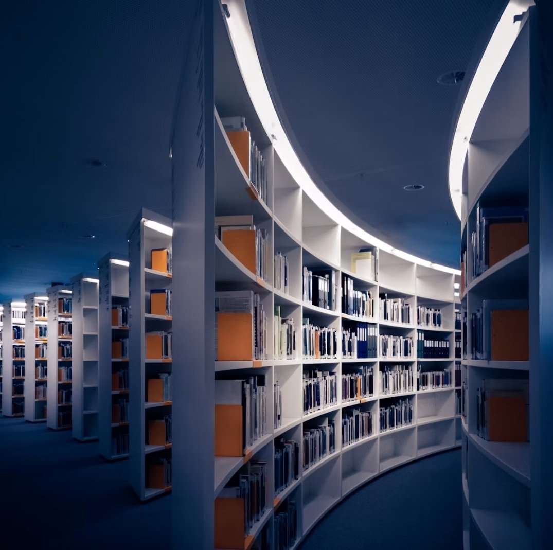Interior view of a modern library with curved white bookshelves filled with books, illuminated by strip lighting on the ceiling.