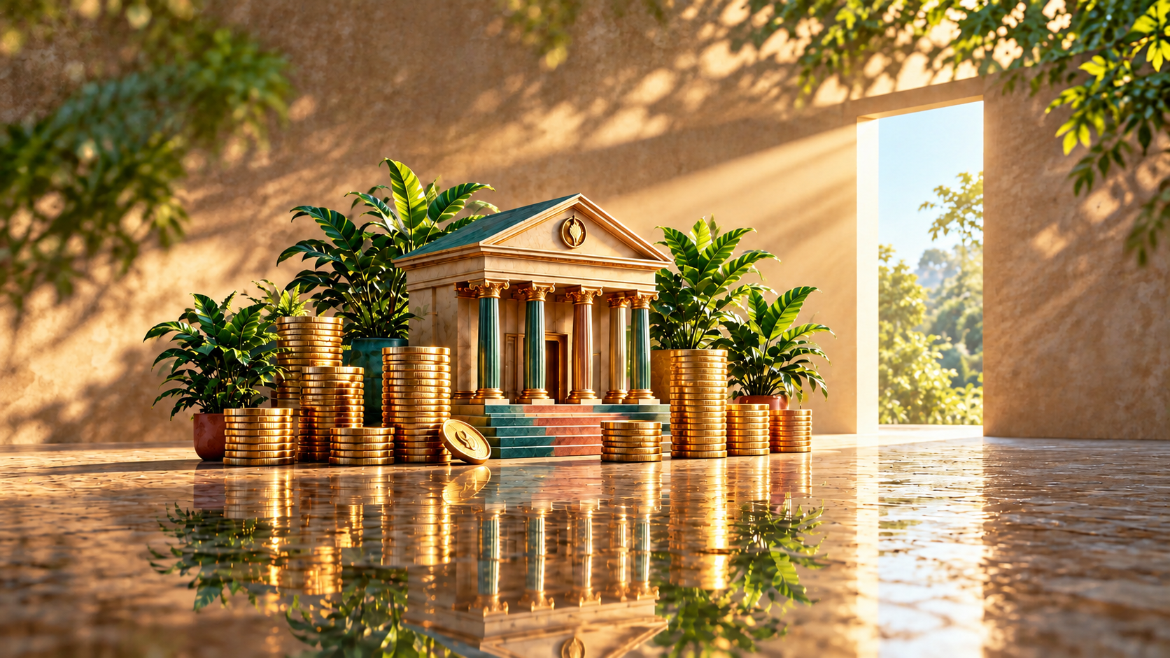 A small, ancient Greek-style building with columns, surrounded by stacks of gold coins and potted plants, with sunlight streaming in through an open door.