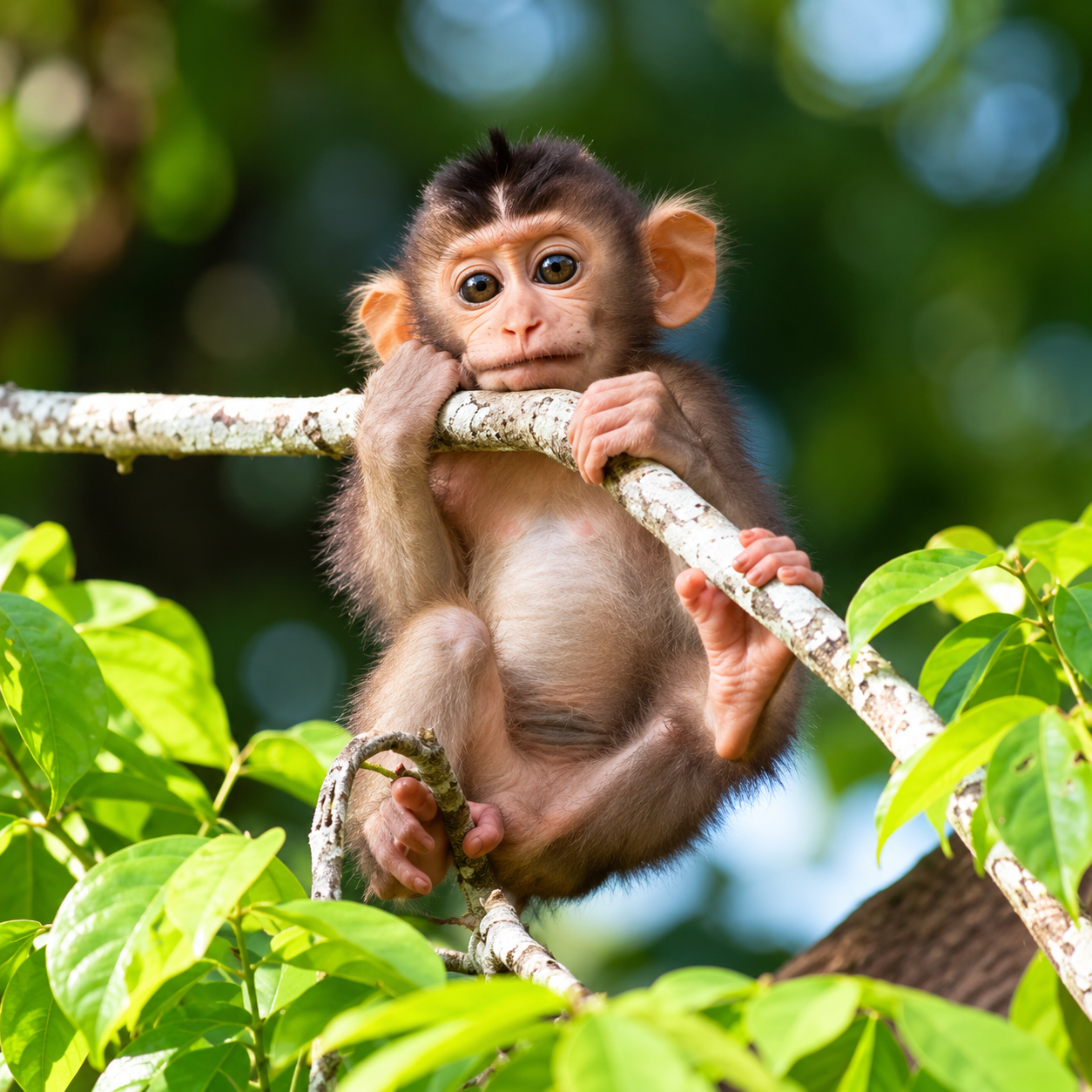 A young monkey sitting on a tree branch, holding onto the branch with one hand and resting its face on the branch with the other hand, surrounded by green leaves and blurred background.