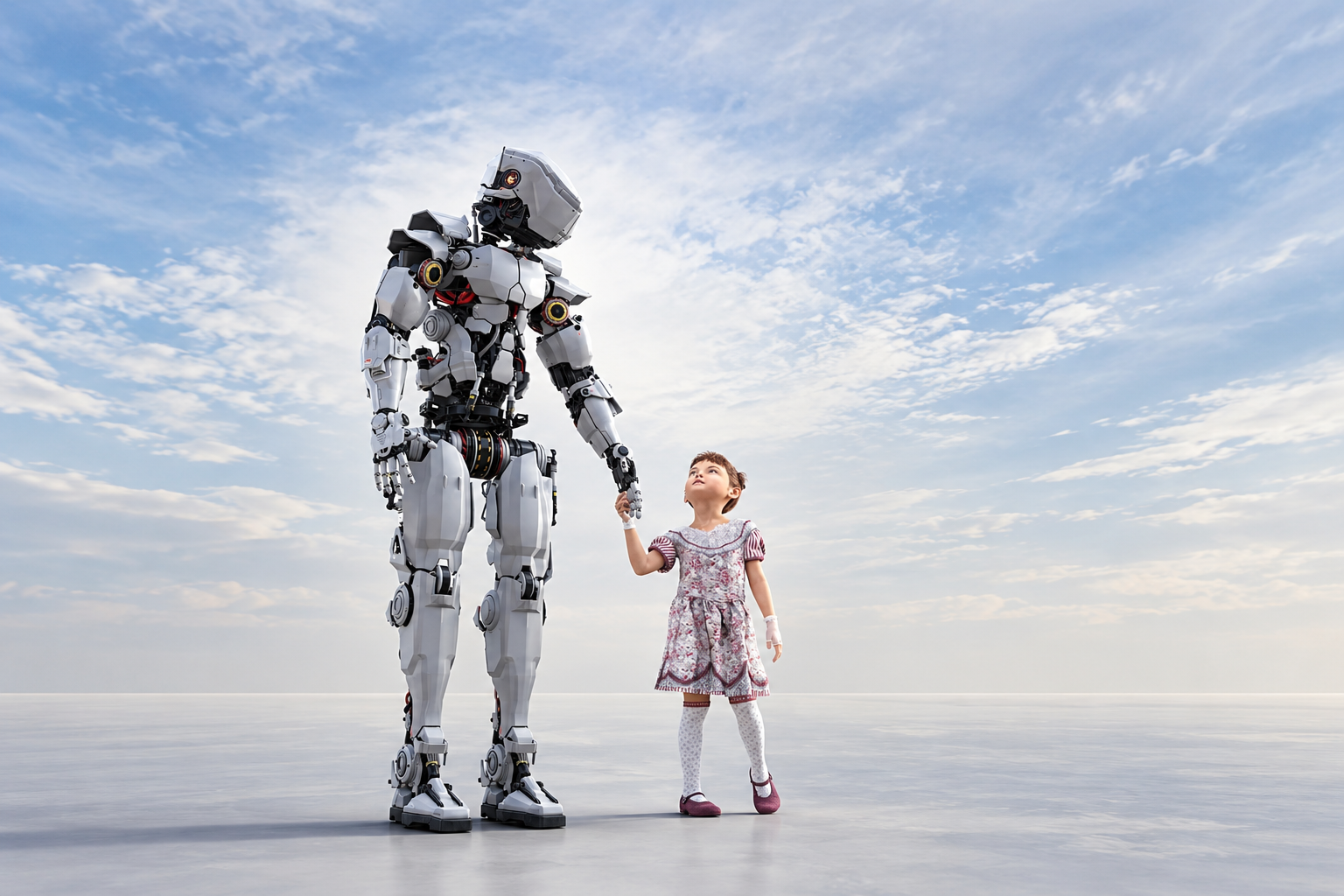 A young girl holding hands with a large humanoid robot on an open, flat surface under a blue sky with clouds.
