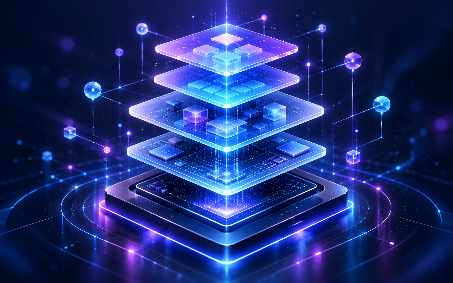 Futuristic digital layered structure with glowing blue and purple cubes and lines, representing technology or blockchain concept.