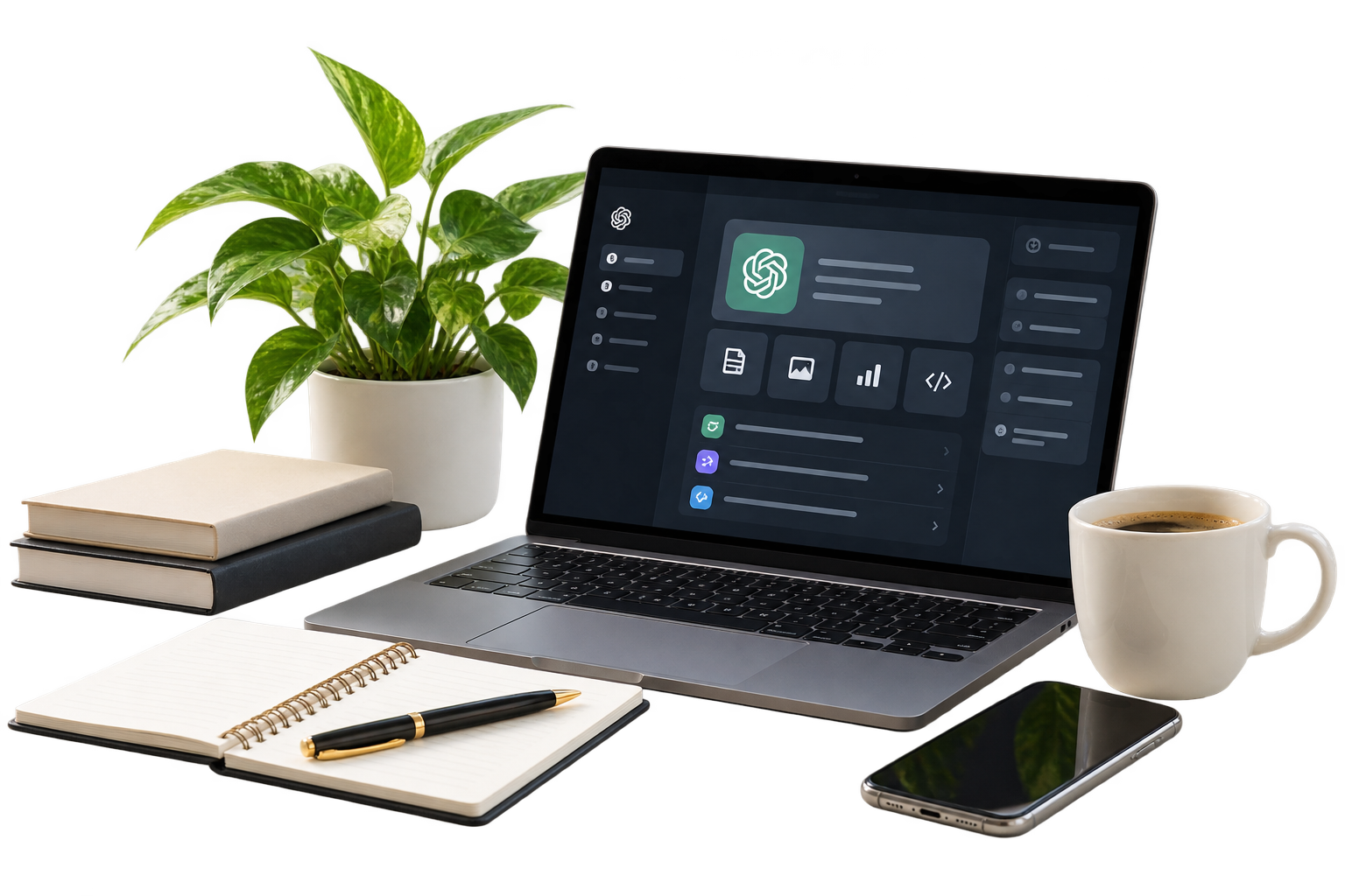 Laptop displaying software interface, potted plant, notebooks, pen, smartphone, and coffee cup on a desk.