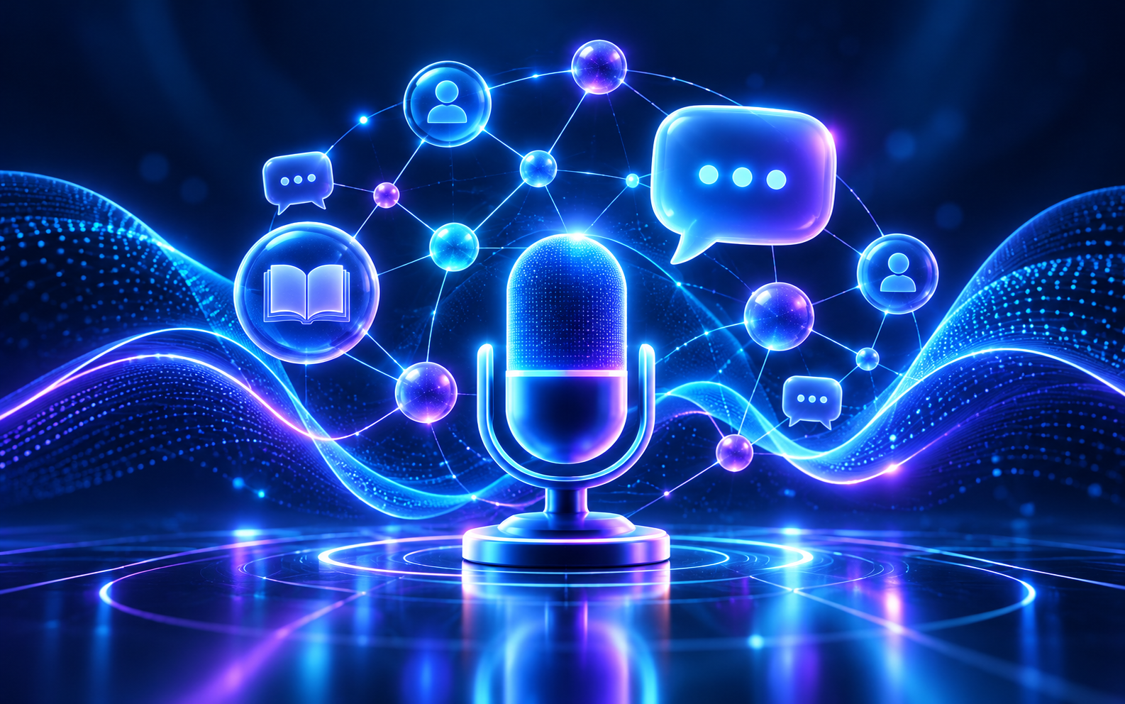 A digital illustration featuring a neon blue microphone surrounded by interconnected icons depicting chat bubbles, user profiles, books, and floating spheres, representing communication and artificial intelligence.
