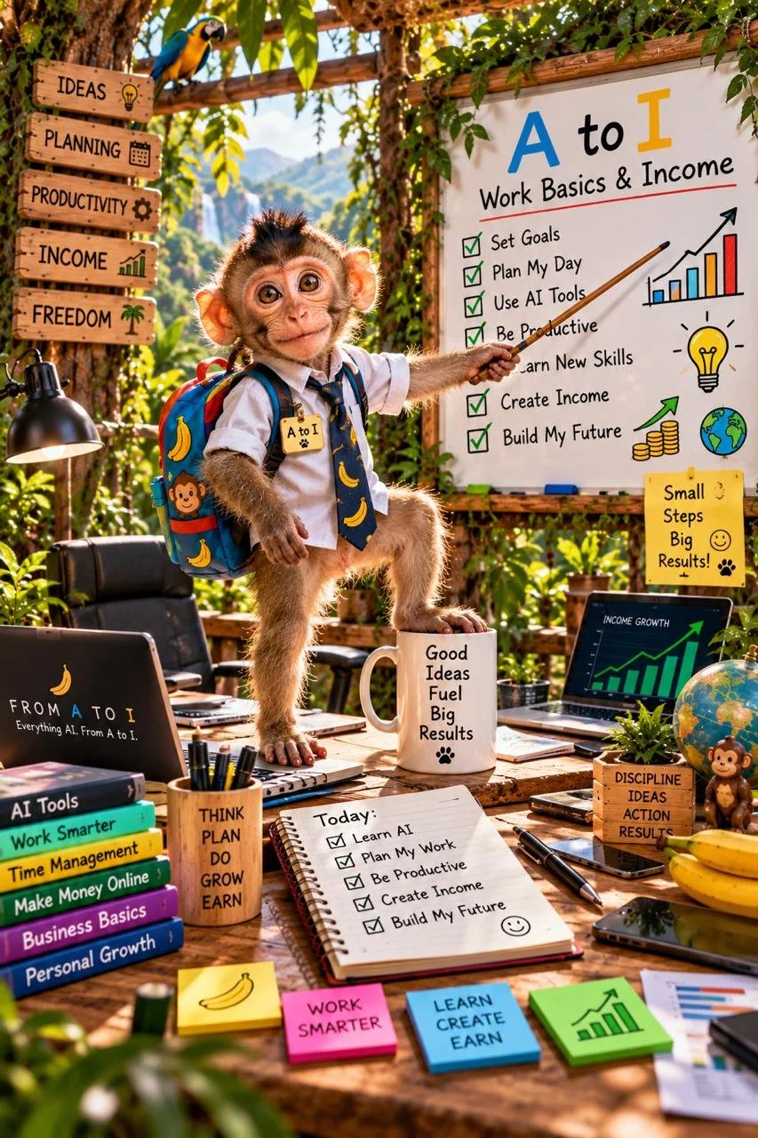 A monkey dressed in business attire with a backpack stands on a desk, pointing at a whiteboard with a stick. The whiteboard displays work-related goals from A to I, such as setting goals, planning the day, using AI tools, and building the future. The desk is filled with books, notes, a laptop, a mug with motivational sayings, and office supplies, all related to productivity, income growth, and learning. There are colorful charts, a globe, bananas, and signs with motivational words like "Think, Plan, Do, Grow, Earn." The setting appears to be an outdoor workspace with trees and mountains in the background, creating an inspiring, playful office scene.