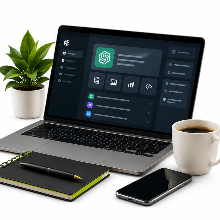 Laptop displaying a dashboard or software interface with icons, a potted plant, a coffee cup filled with coffee, a smartphone, a closed notebook, and a pen on a white desk.