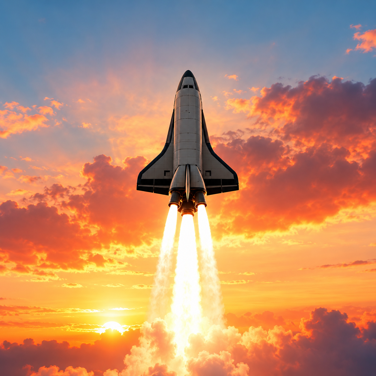 A space shuttle launching into the sky with flames and smoke, against a backdrop of a colorful sunset with orange and yellow clouds.
