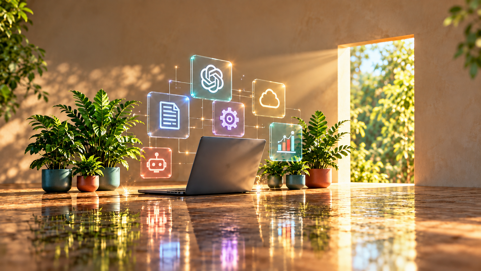 A laptop on a wooden table surrounded by potted plants, with digital icons representing technology, cloud computing, and data analytics floating above the laptop, illuminated by natural sunlight through a nearby window.