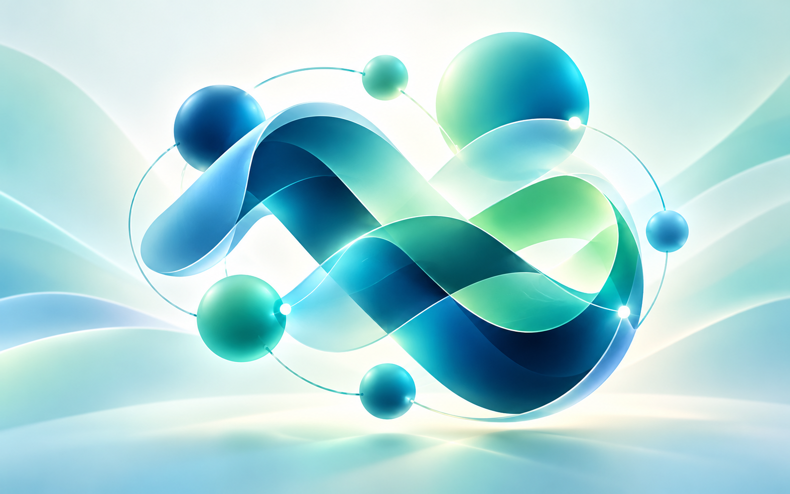 Abstract digital art featuring blue and green spheres connected by flowing ribbon-like shapes and thin lines.
