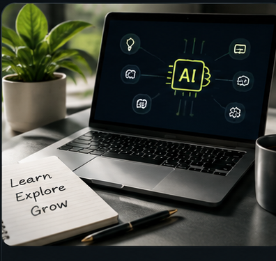 A laptop displaying an AI diagram, a notebook with the words "Learn Explore Grow," a pen, and a potted plant on a desk.