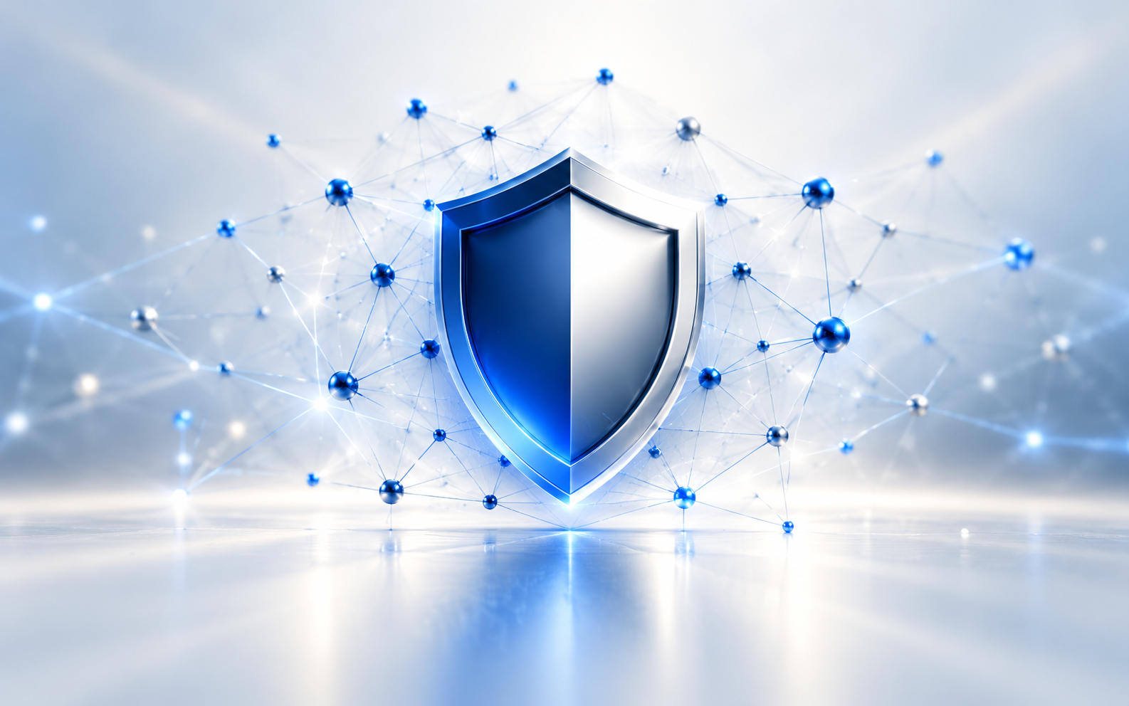 A digital illustration of a shield with a blue and silver metallic finish, surrounded by a network of connected blue and silver nodes and lines, symbolizing cybersecurity or digital protection.