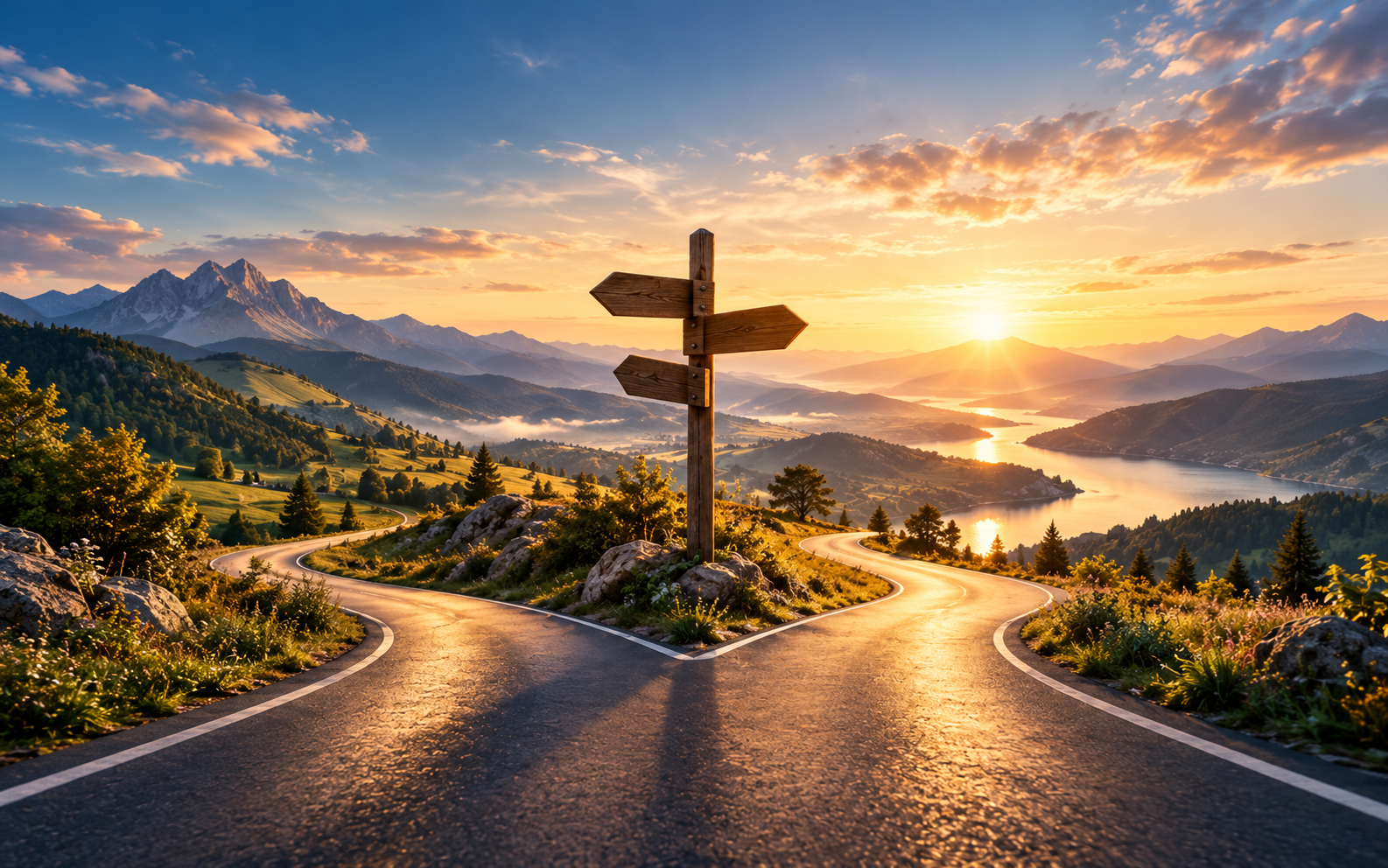 A mountain landscape at sunset with a fork in the road and a wooden signpost at the intersection.